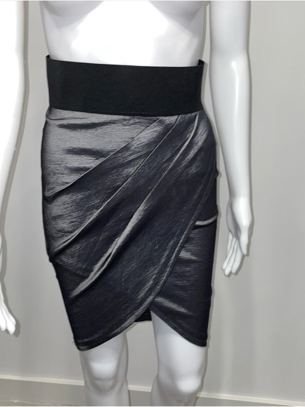 Jane Norman Women’s Metallic Silver Draped Wrap Pencil Skirt Size S Party